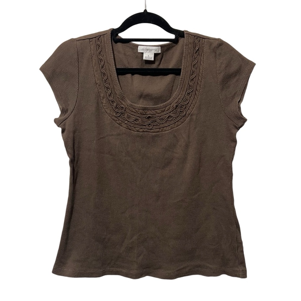 Liz Claiborne Chocolate Brown Y2K Style Ribbed Cotton Top Size L